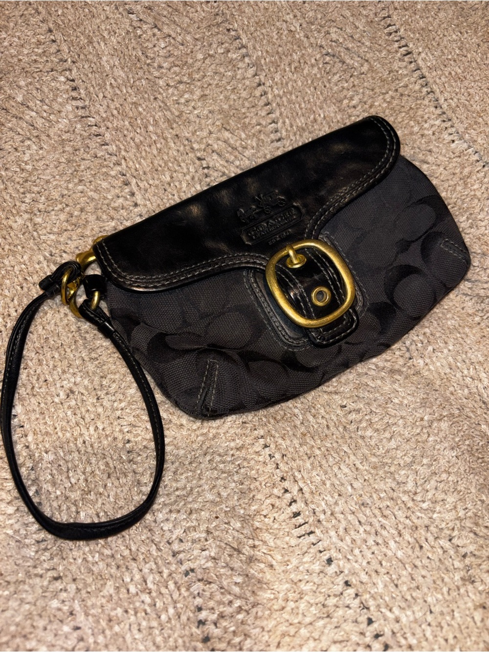 Coach Black Signature Canvas Leather Wristlet Pouch